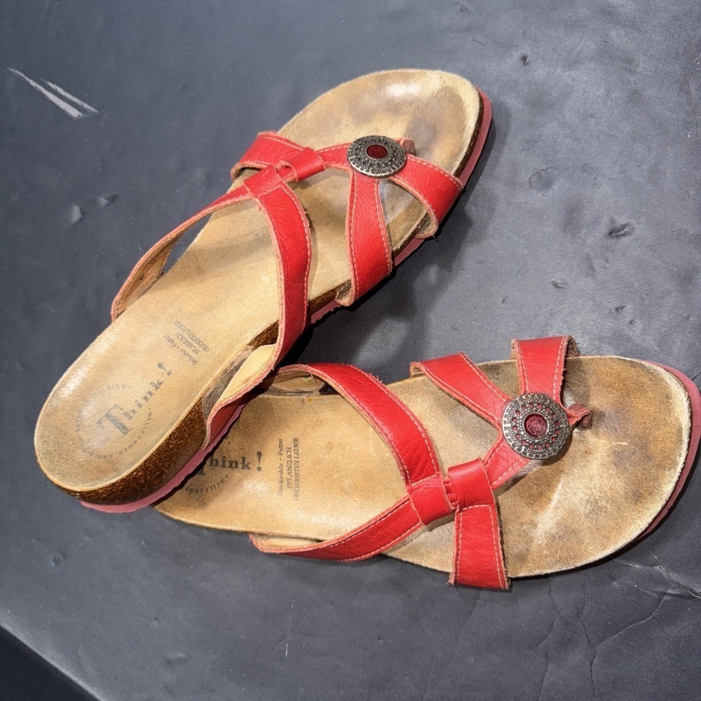 Think! Slide Sandals Red Leather Gorpcore Minimalist Outdoor‎ Boho Shoes 41